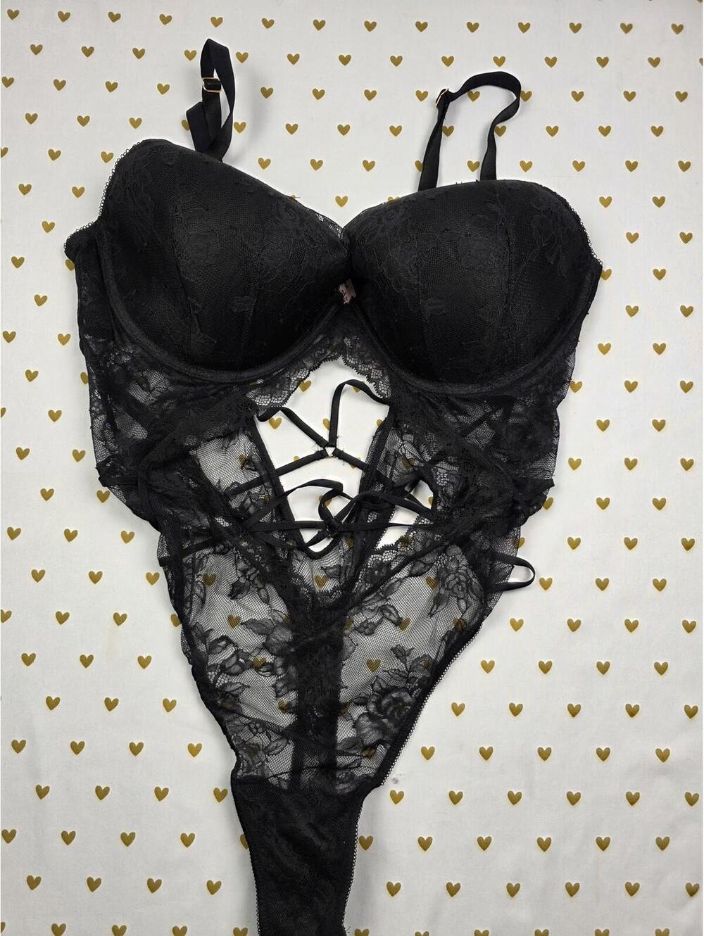 Victorias Secret Black Sheer Strappy Caged Teddy Bodysuit Thong 2XL XXL Snap